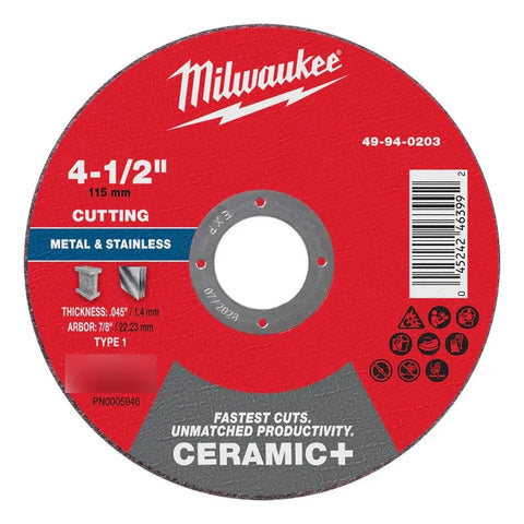 Disco Corte Metal Ceramic+ 4-1/2 Milwaukee 49940203 Rojo Rojo
