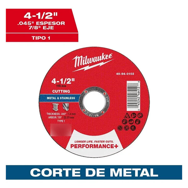 Disco Corte Metal 4.5x.045x7/8 Milwaukee 49940103 Rojo