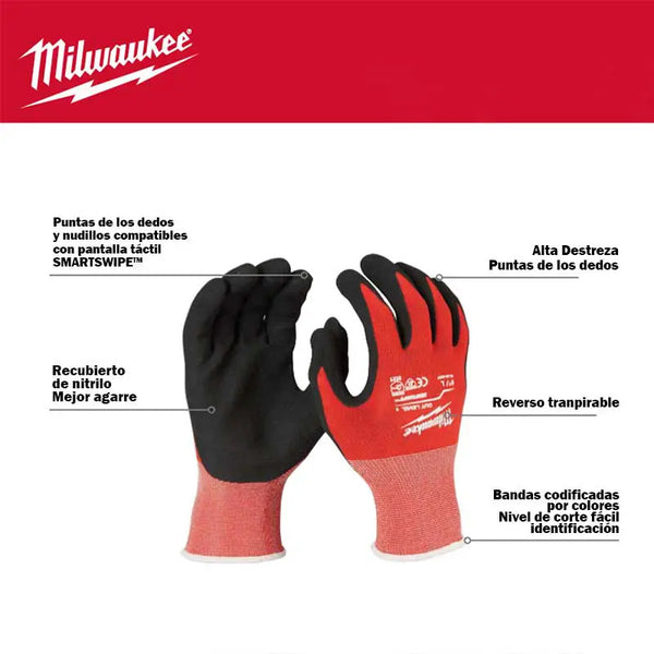 Guantes Anticorte Nivel 1 Baño Nitrilo Milwaukee 48228900 Rojo